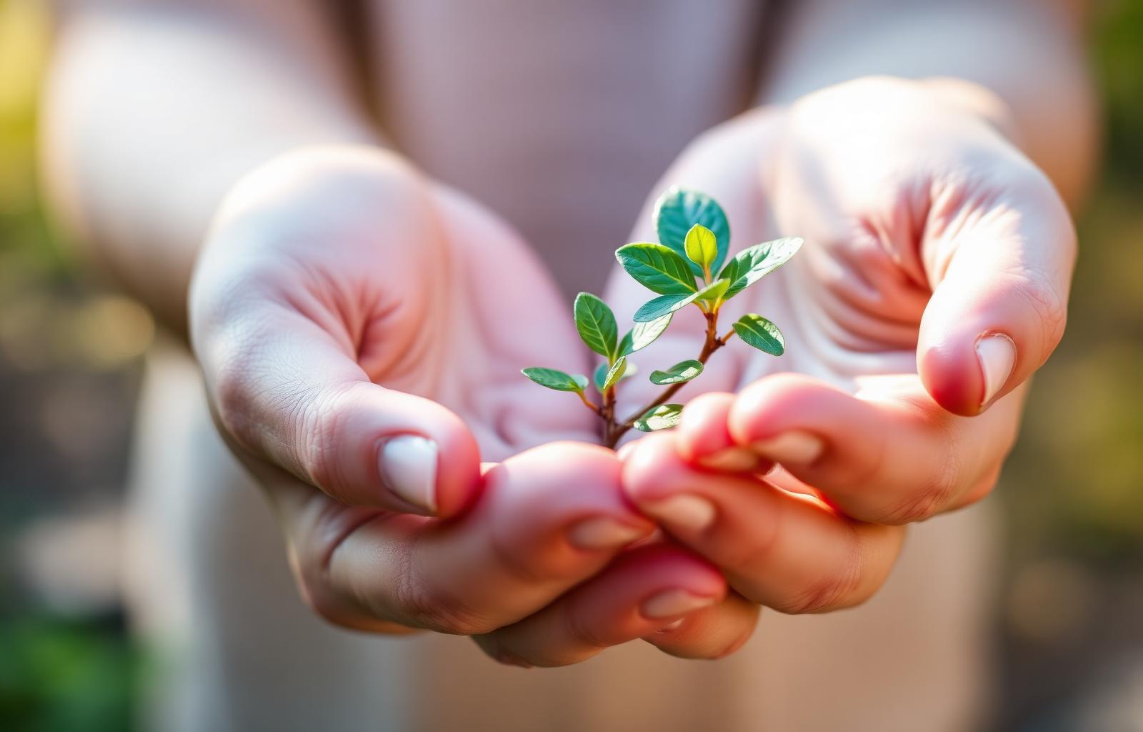 Hands holding a young plant — symbol of recovery